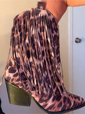 Jessica Simpson Leopard Print Fringe Ankle Boots in Pink and Black